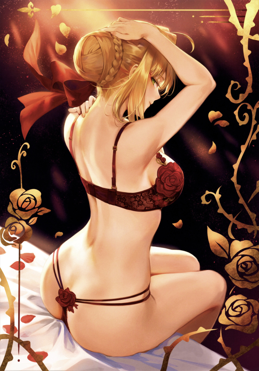 1girl absurdres arms_up ass bangs bare_shoulders blonde_hair bra breasts fate/grand_order fate_(series) g-string green_eyes hair_bun highres lingerie looking_at_viewer looking_back mashuu_(neko_no_oyashiro) medium_breasts nero_claudius_(fate)_(all) panties petals red_bra red_panties simple_background smile solo thighs thong tied_hair underwear underwear_only