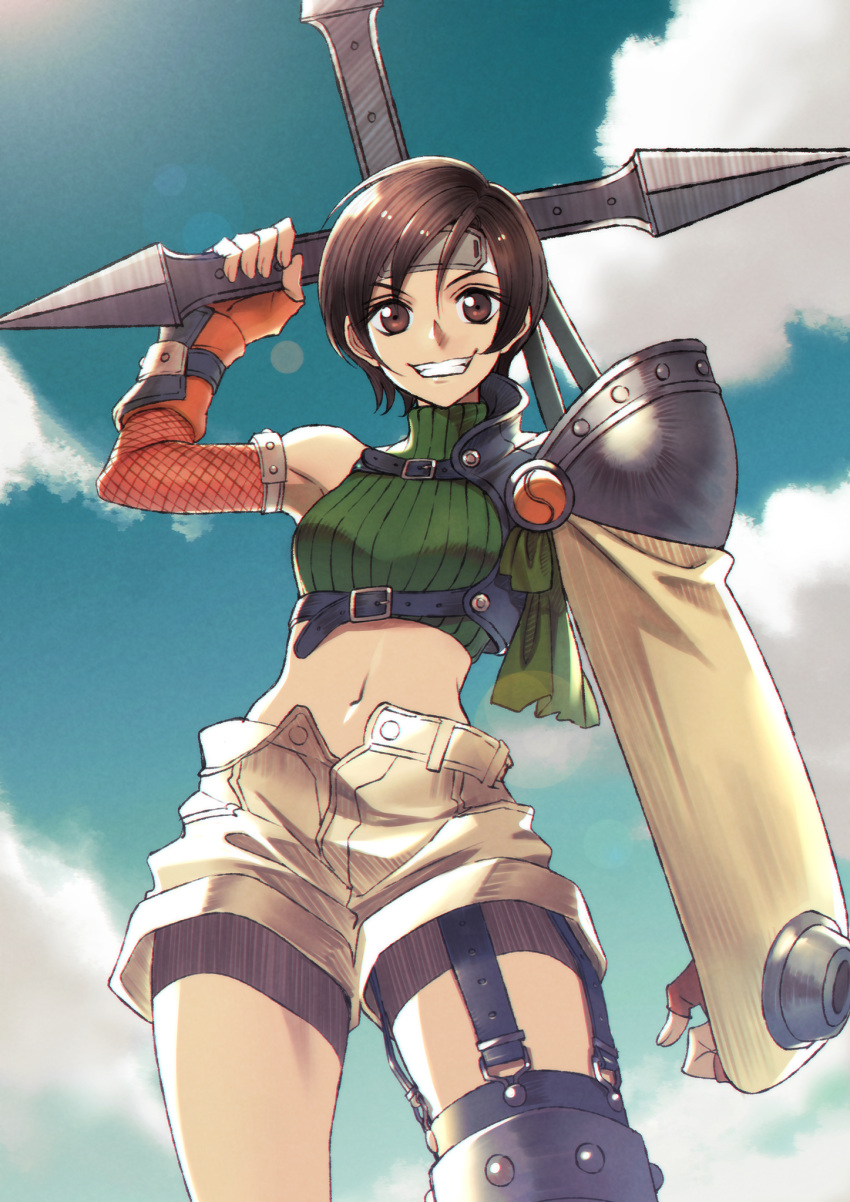 1girl armor asymmetrical_legwear bare_shoulders blue_sky brown_eyes brown_hair brown_shorts clouds commentary cowboy_shot crop_top cropped_sweater feet_out_of_frame final_fantasy final_fantasy_vii fingerless_gloves fishnets furrowed_eyebrows gloves green_sweater grin headband highres holding holding_weapon huge_weapon looking_at_viewer midriff navel open_fly orange_gloves pauldron ribbed_sweater short_hair shorts shuriken single_pauldron sky sleeveless sleeveless_sweater sleeveless_turtleneck smile solo standing sweater tomaty. turtleneck weapon yuffie_kisaragi