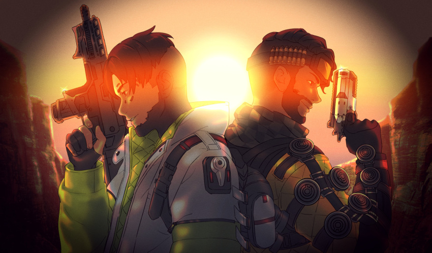 2boys absurdres apex_legends assault_rifle b3_wingman backlighting beard black_gloves black_hair checkered checkered_scarf crypto_(apex_legends) cyborg facial_hair from_side gloves goggles goggles_on_head green_sleeves gun hemlok highres holding holding_gun holding_weapon jacket male_focus mirage_(apex_legends) multiple_boys parted_hair parted_lips partially_fingerless_gloves re:o revolver rifle scarf science_fiction smile sunset undercut weapon white_jacket