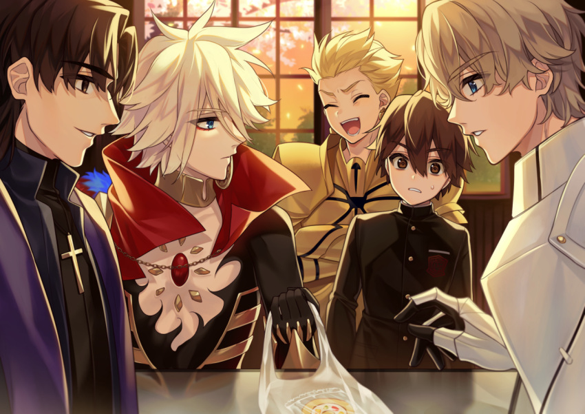 5boys armor bag bangs black_gloves blonde_hair blue_eyes brown_eyes brown_hair cake cherry_blossoms choker cross eyebrows_visible_through_hair fate/extra fate/extra_ccc fate_(series) food gauntlets gawain_(fate) gem gilgamesh gloves hair_between_eyes indoors jewelry karna_(fate) karokuchitose kishinami_hakuno_(male) kotomine_kirei laughing male_focus multiple_boys plastic_bag popped_collar school_uniform single_earring surprised swiss_roll white_hair window