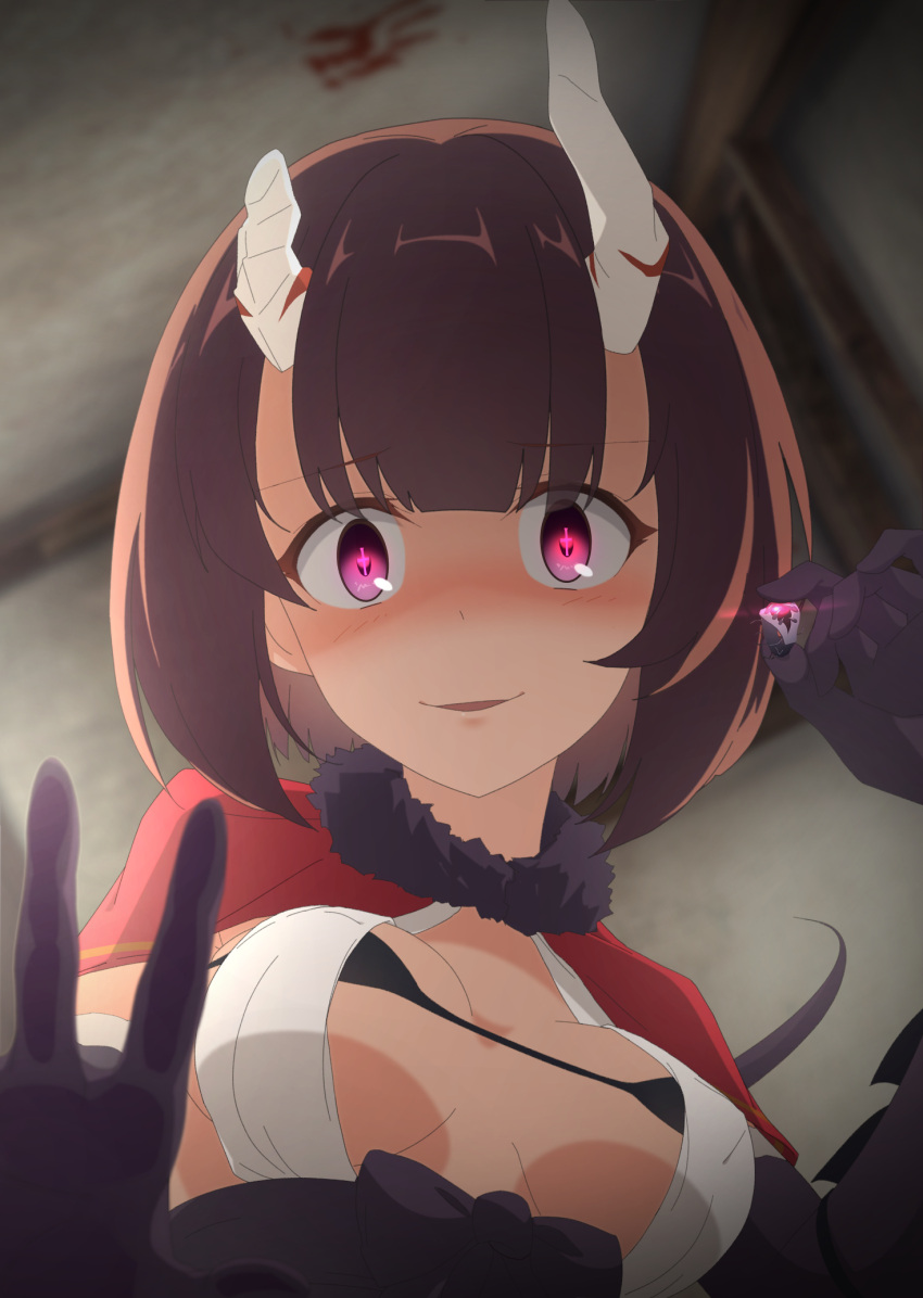 +_+ 1girl black_bra black_gloves blush bra breasts breasts_apart broken_horn capelet crazy_eyes crazy_smile demon_girl demon_horns elbow_gloves eriko_(princess_connect!) gloves highres holding holding_ring horns jewelry looking_at_viewer medium_breasts nose_blush nta_(drapa_box10) princess_connect! princess_connect!_re:dive red_capelet ring shirt short_hair solo tail underwear white_shirt