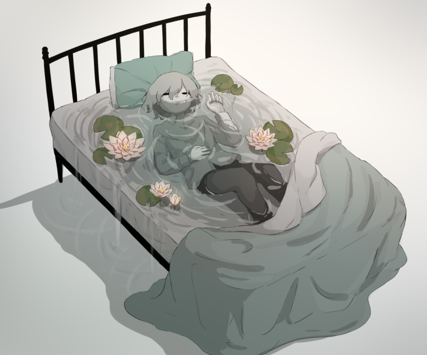 1boy avogado6 bed bed_frame black_pants closed_eyes collared_shirt colored_skin commentary_request flower grey_hair lily_(flower) lily_pad long_sleeves lying male_focus on_back on_bed original pants pillow shirt solo underwater white_shirt white_skin wing_collar