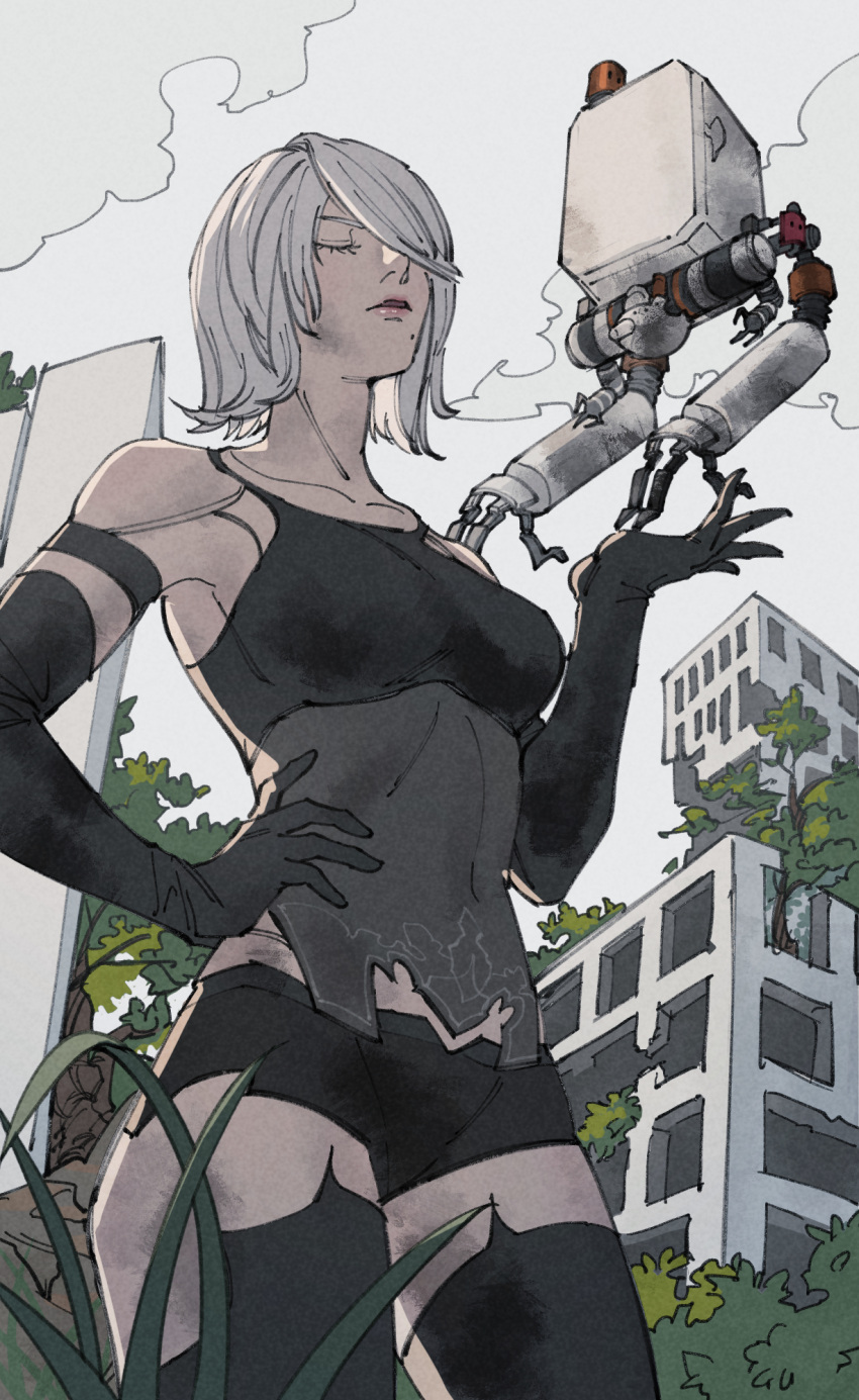 1girl act_(a_moso) android armlet bangs bare_shoulders black_gloves black_legwear black_shorts building closed_eyes clouds elbow_gloves from_below gloves hair_over_one_eye hand_on_hip highres joints mole mole_under_mouth nier_(series) nier_automata outdoors overgrown parted_lips plant pod_(nier_automata) post-apocalypse robot_joints rubble ruins short_hair shorts sky tank_top thigh-highs yorha_type_a_no._2