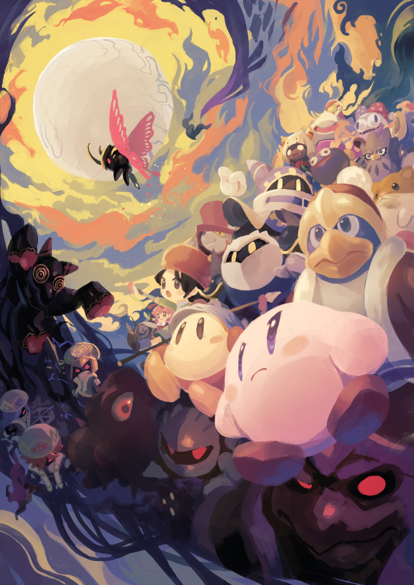 6+boys 6+girls 6+others absurdres adeleine bandana bandana_waddle_dee beret butterfly_wings cloak coo_(kirby) dark_meta_knight daroach everyone fangs flamberge_(kirby) francisca_(kirby) glowing glowing_eyes gooey hat highres horns hyness kine_(kirby) king_dedede kirby kirby:_star_allies kirby_(series) kracko magolor marx mask meta_knight midair morpho_knight okame_nin paintbrush polearm red_eyes ribbon_(kirby) rick_(kirby) serious spear susie_(kirby) taranza void_termina weapon wings zan_partizanne