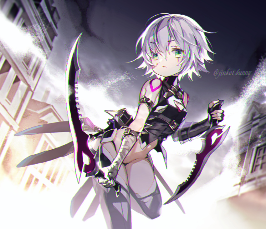 1girl bandaged_arm bandages black_gloves black_legwear black_panties building closed_mouth cowboy_shot dagger dual_wielding expressionless fate/apocrypha fate_(series) fingerless_gloves gloves green_eyes halterneck holding holding_dagger holding_weapon jack_the_ripper_(fate/apocrypha) koshika_rina looking_at_viewer navel outdoors panties reverse_grip scar scar_on_face shirt short_hair shoulder_tattoo single_glove sleeveless sleeveless_shirt solo standing standing_on_one_leg tattoo thigh-highs twitter_username underwear weapon white_hair
