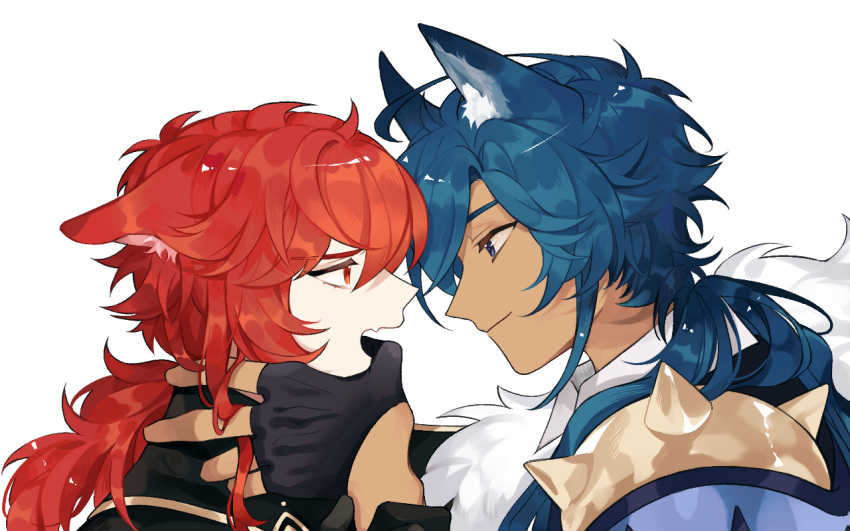 2boys animal_ear_fluff animal_ears annoyed black_gloves blue_eyes blue_hair cat_ears closed_mouth commentary_request dark_skin dark_skinned_male diluc_(genshin_impact) dl_mask ears_back eye_contact face face-to-face fang feather_boa finger_in_mouth from_side genshin_impact gloves half-closed_eyes kaeya_(genshin_impact) kemonomimi_mode korean_commentary light_smile long_hair looking_at_another male_focus multiple_boys multiple_sources open_mouth partially_fingerless_gloves ponytail profile red_eyes redhead shiny shiny_hair simple_background skin_fang spikes white_background wolf_ears