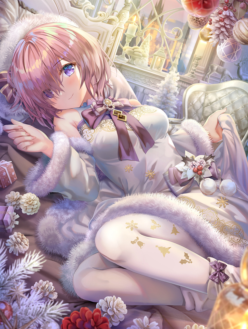 1girl bangs bare_shoulders blush breasts chair detached_sleeves dress duplicate eyebrows_visible_through_hair fate/grand_order fate_(series) flower fur_trim hair_over_one_eye highres large_breasts light_purple_hair looking_at_viewer lying mash_kyrielight on_side short_hair smile thighs torino_akua violet_eyes white_dress white_legwear