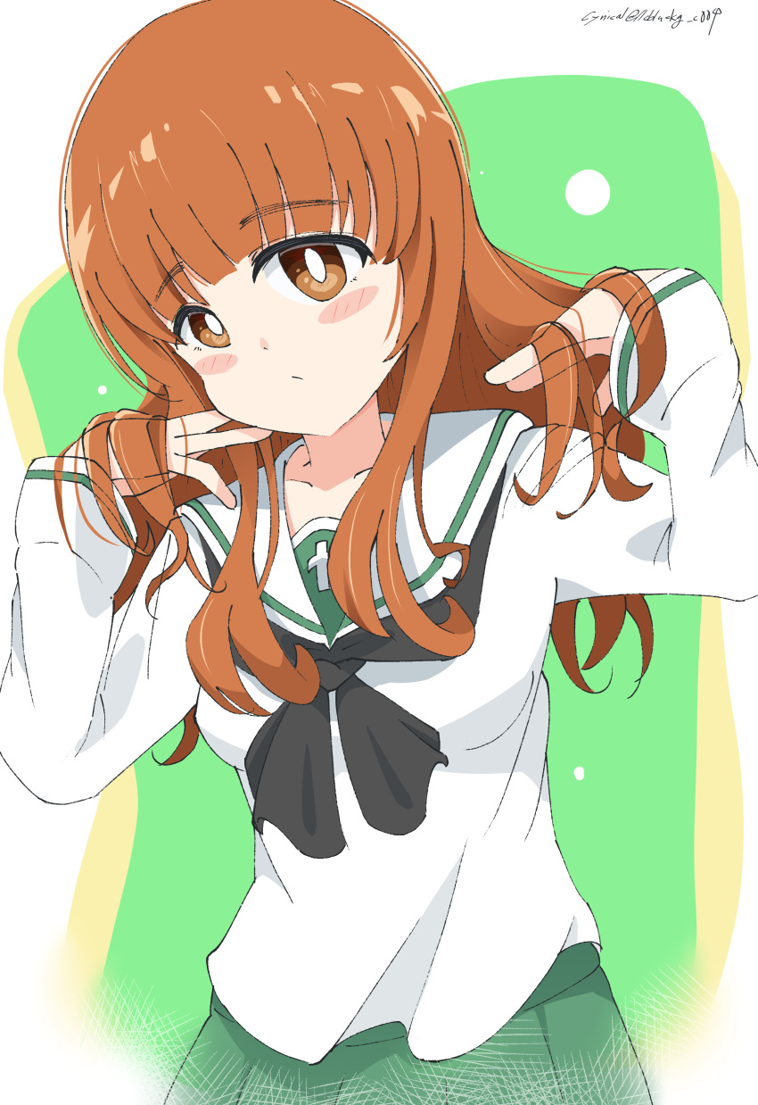 absurdres artist_name bangs black_neckwear blouse blunt_bangs blush_stickers bright_pupils closed_mouth commentary cy_illust004 eyebrows_visible_through_hair girls_und_panzer green_skirt hands_in_hair head_tilt highres light_frown long_hair long_sleeves looking_at_viewer neckerchief ooarai_school_uniform orange_eyes orange_hair pleated_skirt sailor_collar school_uniform serafuku skirt solo takebe_saori twitter_username white_blouse white_pupils white_sailor_collar