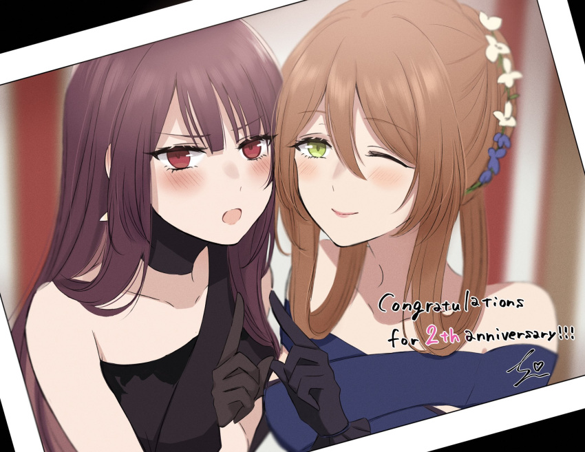 2girls bare_shoulders black_dress black_gloves blue_dress blush closed_mouth collarbone dress english_text eyebrows_visible_through_hair girls_frontline gloves green_eyes hair_ornament hairclip highres long_hair looking_at_viewer m1903_springfield_(girls_frontline) multiple_girls one_eye_closed open_mouth orange_hair polaroid purple_hair screen simple_background smile sui_(camellia) violet_eyes wa2000_(girls_frontline)