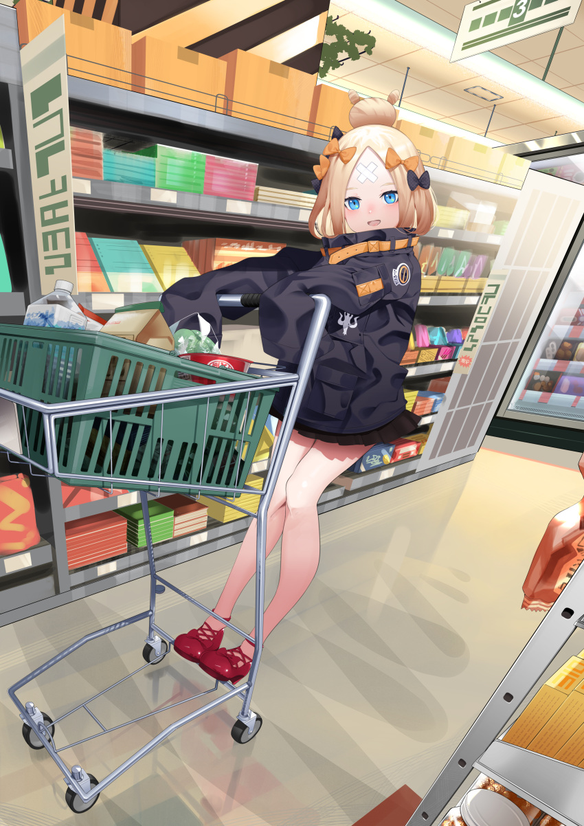 1girl abigail_williams_(fate) absurdres bandaid bandaid_on_forehead bangs black_bow black_jacket blonde_hair blue_eyes blush bow breasts crossed_bandaids fate/grand_order fate_(series) forehead hair_bow hair_bun heroic_spirit_traveling_outfit high_collar highres jacket long_hair long_sleeves looking_at_viewer multiple_bows open_mouth orange_belt orange_bow parted_bangs polka_dot polka_dot_bow red_footwear shelf shiro_ami shopping_cart sleeves_past_fingers sleeves_past_wrists small_breasts smile