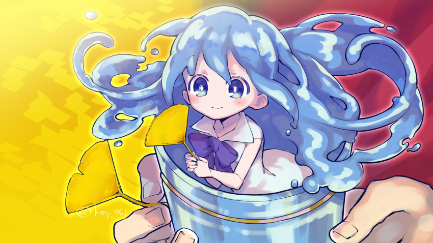 1boy 1girl autumn_leaves blue_bow blue_eyes blue_neckwear blue_slime blush bow bowtie close-up collared_dress dress falling_leaves ginkgo ginkgo_leaf hero_(merc_storia) highres holding holding_leaf in_container jar key_961 leaf liquid_hair long_hair looking_at_viewer merc_(merc_storia) merc_storia minigirl monster_girl no_nose sleeveless sleeveless_dress slime_girl smile solo_focus twitter_username white_dress yellow_background