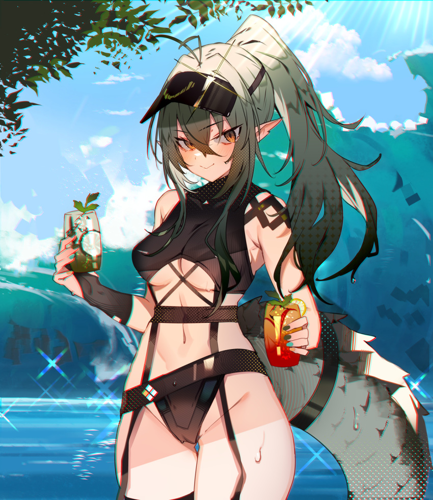 1girl arknights blush crocodilian_tail cup gavial_(arknights) glass green_hair hat highres holding holding_cup looking_at_viewer orange_eyes pointy_ears ponytail smile solo soukou_makura swimsuit tail tree water