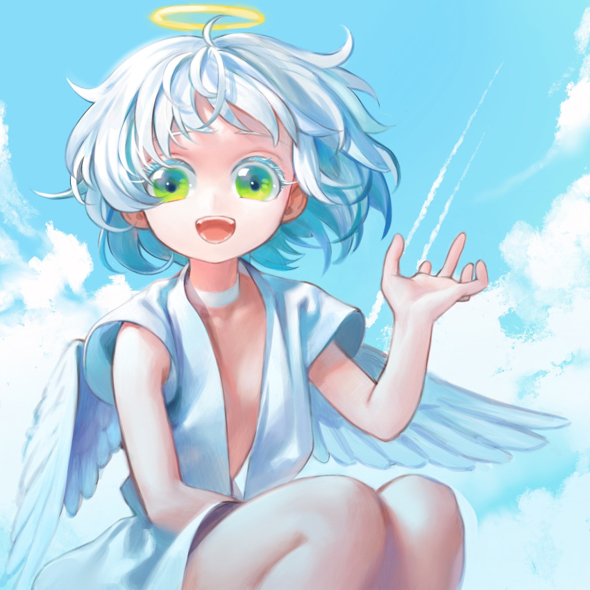 1girl ahoge angel bangs blue_sky blue_theme breasts center_opening child choker clouds collarbone colored_eyelashes commentary_request condensation_trail day dress feathered_wings green_eyes halo hand_up happy highres jpeg_artifacts kaede_(shijie_heping) knees_up looking_at_viewer open_mouth original outdoors short_hair short_sleeves sidelocks sitting sky small_breasts smile solo teeth white_choker white_dress white_hair white_wings wide_sleeves wings