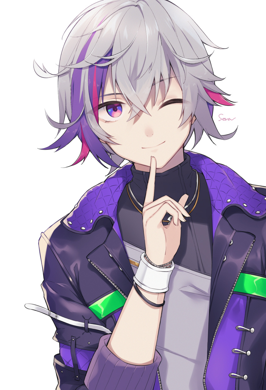 1boy ;) absurdres bangs black_jacket black_shirt commentary_request eyebrows_visible_through_hair fuwa_minato grey_hair hair_between_eyes hand_up highres index_finger_raised jacket looking_at_viewer male_focus multicolored_hair nijisanji one_eye_closed open_clothes open_jacket purple_hair redhead shiino_sera shirt signature simple_background smile solo streaked_hair upper_body violet_eyes virtual_youtuber white_background