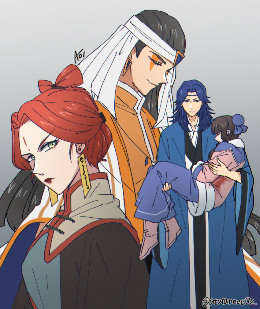 2boys 2girls black_hair blue_hair carrying closed_eyes earrings grey_background highres jewelry lanxi_zhen laojun_(the_legend_of_luoxiaohei) li_qingning_(the_legend_of_luoxiaohei) long_hair multiple_boys multiple_girls naga_(the_legend_of_luoxiaohei) princess_carry redhead robe signature smile the_legend_of_luo_xiaohei twitter_username upper_body utataneee32 yan_ming_(the_legend_of_luoxiaohei)