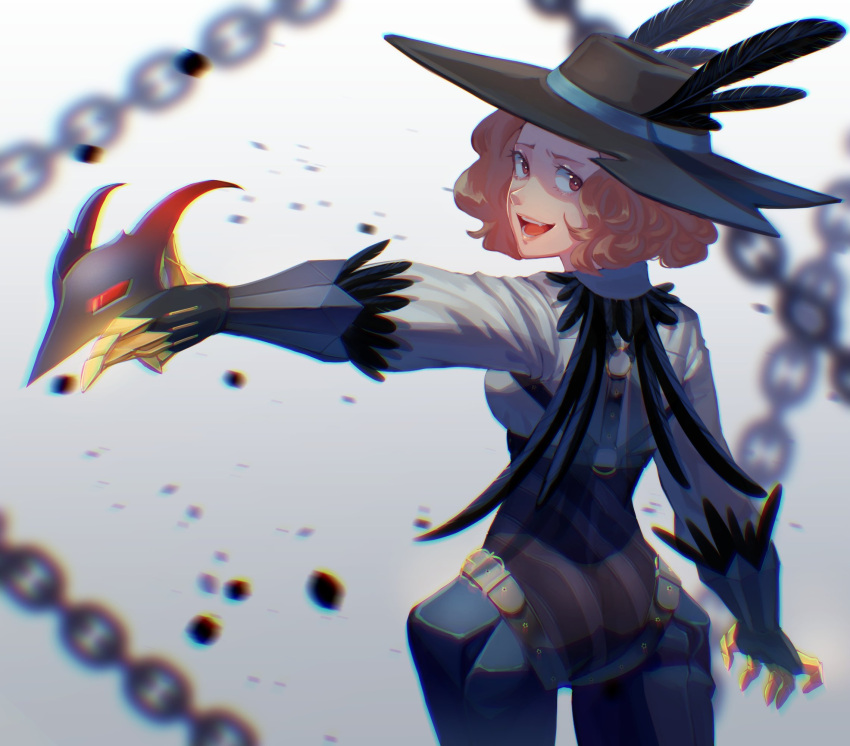 1girl barley_juice dark_persona feathers from_behind hat hat_feather highres mask okumura_haru open_mouth persona persona_5 short_hair smile solo