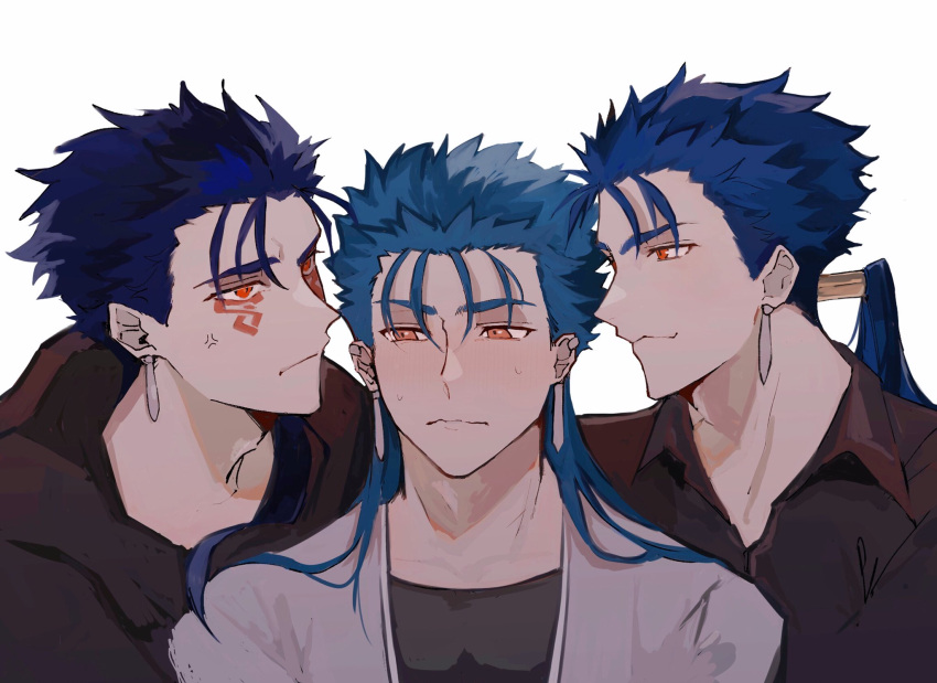 3boys alternate_costume anger_vein angry beads blue_hair blush closed_mouth collared_shirt contemporary cu_chulainn_(fate)_(all) cu_chulainn_(fate/grand_order) cu_chulainn_alter_(fate/grand_order) dark_blue_hair dark_persona eye_contact facepaint fate/grand_order fate/stay_night fate_(series) grin hair_beads hair_ornament highres hood hood_down hoodie lancer long_hair looking_at_another looking_to_the_side male_focus multiple_boys multiple_persona multiple_piercings ponytail red_eyes shirt short_hair shy simple_background skin_tight smile spiky_hair taratotati wavy_mouth white_background