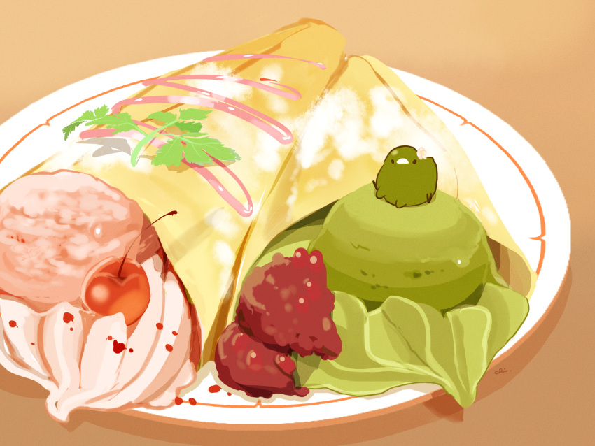 artist_name bird brown_background chai cherry commentary_request crepe food food_focus fruit highres ice_cream mint no_humans original plate simple_background sitting_on_food