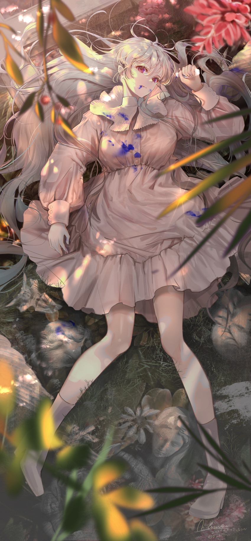 1girl absurdres blurry blurry_foreground boots branch dress flower full_body grey_dress grey_footwear grey_hair hand_up highres hirose_(10011) holding huge_filesize leaf long_hair long_sleeves lying on_back original parted_lips pink_flower plant solo violet_eyes