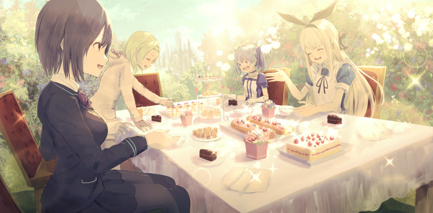 4girls :d ^_^ absurdres apron black_hair black_hairband black_jacket black_legwear black_ribbon black_skirt blazer blonde_hair blue_bow blue_dress blue_hair blue_sky blush bow breasts brown_eyes cake chair closed_eyes clouds cup day dress food fork gloves green_hair grey_eyes hair_bow hair_ribbon hairband highres hood hood_down hooded_jacket jacket knife long_sleeves medium_breasts misaki_nonaka mononobe_alice morinaka_kazaki multiple_girls napkin nijisanji open_mouth outdoors pantyhose plate pleated_skirt profile puffy_short_sleeves puffy_sleeves purple_bow ribbon round_teeth saucer shizuka_rin short_shorts short_sleeves shorts skirt sky smile striped_jacket swiss_roll table teacup teapot teeth tiered_tray twintails upper_teeth virtual_youtuber white_apron white_gloves yuuki_chihiro