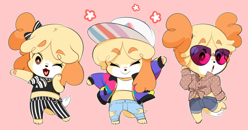 1girl :d :o alternate_costume alternate_hairstyle animal_crossing arm_up baseball_cap black_bow black_shirt blonde_hair blue_jacket bow closed_eyes crop_top denim denim_shorts dog_girl full_body furry green_jacket hair_bow hat heart highres horizontal_stripes isabelle_(animal_crossing) jacket jeans moosopp multicolored multicolored_clothes multicolored_jacket multiple_views no_shoes one_eye_closed open_mouth pants pink_jacket shirt shorts simple_background sleeves_past_wrists smile standing striped striped_bow striped_neckwear striped_pants sunglasses torn_clothes torn_pants vertical_stripes white_bow white_shirt