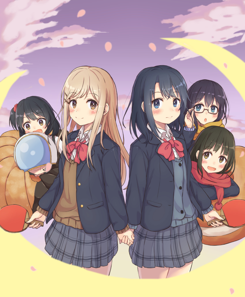 6+girls :d adachi_sakura adachi_to_shimamura adjusting_eyewear black_hair blazer blush bow brown_hair chestnut_mouth chikama_yashiro clouds everyone glasses hair_ornament hairclip highres hino_akira_(adashima) holding_hands jacket kumakumatc light_brown_hair medium_hair multiple_girls nagafuji_taeko open_mouth outdoors paddle petals purple_hair red_neckwear red_scarf scarf school_uniform shimamura_hougetsu shimamura_imouto_(adashima) smile space_helmet standing table_tennis_paddle yuri