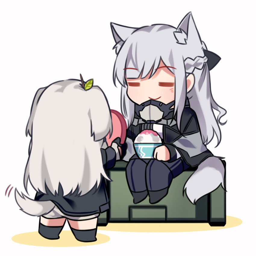 2girls ak-12_(girls_frontline) an-94_(girls_frontline) animal_ears bangs bowl braid chibi closed_eyes closed_mouth dog_ears dog_girl dog_tail eyebrows_visible_through_hair food french_braid frisbee girls_frontline highres long_hair long_sleeves multiple_girls pants sidelocks simple_background sitting smile standing tail white_background yuutama2804