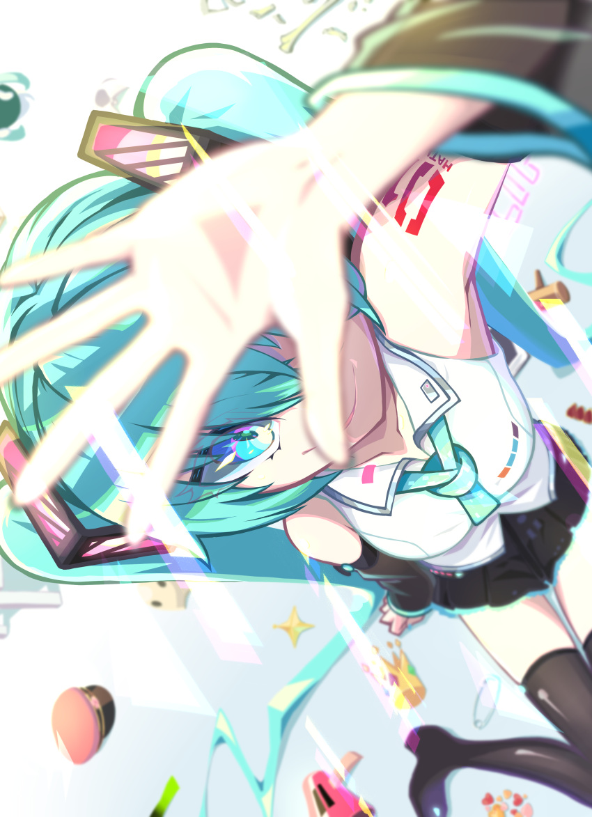 1girl absurdly_long_hair absurdres aimaina aqua_eyes aqua_hair aqua_neckwear arm_up bare_shoulders black_legwear black_skirt black_sleeves blurry blurry_background blurry_foreground bone boots bracelet covering_face crown depth_of_field detached_sleeves foreshortening from_above hair_ornament hat hatsune_miku heart hello_planet_(vocaloid) high_heels highres jewelry koi_wa_sensou_(vocaloid) krr316 legs_together long_hair looking_at_viewer megaphone military_hat miniskirt necktie one_eye_closed pink_headwear pleated_skirt see-through_legwear senbon-zakura_(vocaloid) shading_eyes shirt shoulder_tattoo sitting skirt sleeveless sleeveless_shirt smile song_request star_(symbol) tattoo thigh-highs thigh_boots twintails very_long_hair vocaloid white_shirt zettai_ryouiki