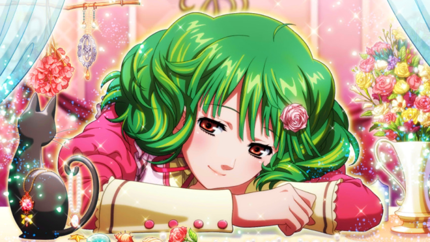 1girl curly_hair flower game_cg green_hair hair_flower hair_ornament half-closed_eyes head_rest macross macross_frontier multicolored_hair official_art pink_flower pink_rose ranka_lee red_eyes rose smile solo two-tone_hair uta_macross_sumaho_deculture yellow_flower yellow_rose