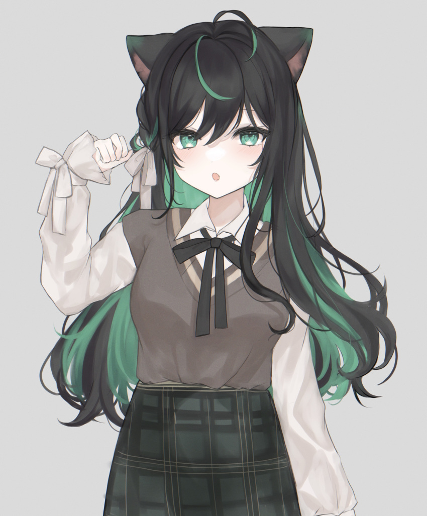 1girl absurdres ahoge animal_ears black_hair black_ribbon black_skirt cat_ears colored_inner_hair green_eyes green_hair grey_sweater hair_ribbon highres long_hair long_sleeves maguro_(minase1684) multicolored_hair neck_ribbon nijisanji nijisanji_kr paw_pose plaid plaid_skirt puffy_long_sleeves puffy_sleeves ribbon ribbon-trimmed_sleeves ribbon_trim shin_yuya shirt short_over_long_sleeves short_sleeves skirt solo streaked_hair sweater virtual_youtuber white_ribbon white_shirt