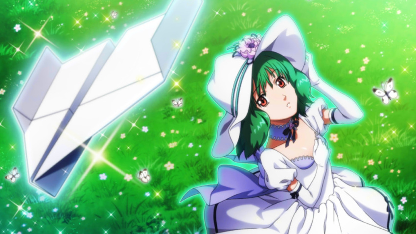 1girl breasts bug butterfly dress elbow_gloves flower game_cg gloves green_hair hand_on_headwear hand_on_own_chest hat hat_flower insect looking_up macross macross_frontier macross_frontier:_sayonara_no_tsubasa official_art paper_airplane puffy_short_sleeves puffy_sleeves ranka_lee red_eyes ribbon short_hair short_sleeves small_breasts solo sun_hat uta_macross_sumaho_deculture white_dress white_gloves wind