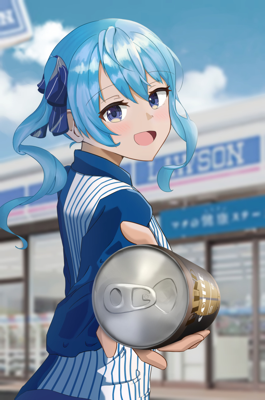 1girl absurdres bangs blue_eyes blue_hair blue_shirt blush can canned_coffee clouds commentary convenience_store day employee_uniform eyebrows_visible_through_hair giving_up_the_ghost highres holding holding_can hololive hoshimachi_suisei lawson looking_at_viewer open_mouth outdoors ryoya shirt shop solo star_(symbol) star_in_eye striped striped_shirt symbol_in_eye uniform vertical-striped_shirt vertical_stripes virtual_youtuber
