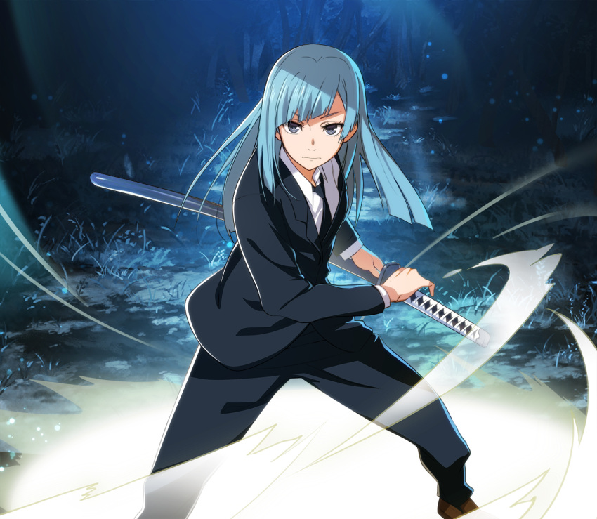 1girl aura black_eyes black_jacket black_neckwear black_pants black_suit breasts brown_footwear closed_mouth collared_shirt commentary expressionless eyebrows_visible_through_hair eyelashes fighting_stance floating_hair formal full_body highres iaidou jacket jujutsu_kaisen katana legs_apart light_blue_hair long_hair long_sleeves looking_at_viewer miwa_kasumi necktie nyoro_(nyoronyoro000) outdoors pant_suit pants scabbard sheath sheathed shirt shoes small_breasts solo standing straight_hair suit sword tsurime weapon white_shirt