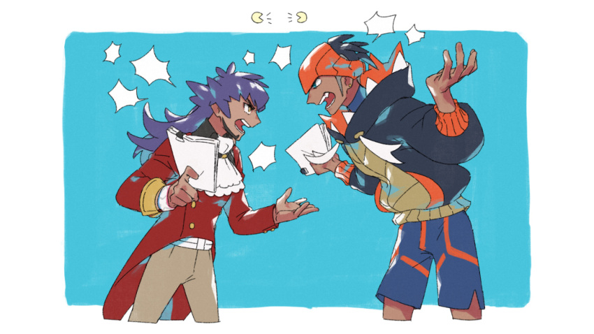 2boys arguing black_hair black_hoodie buttons commentary_request dark_skin dark_skinned_male dynamax_band earrings eye_contact facial_hair gym_leader holding holding_paper hood hoodie jewelry leon_(pokemon) long_hair looking_at_another male_focus multiple_boys pants paper pokemon pokemon_(game) pokemon_swsh purple_hair raihan_(pokemon) shorts side_slit side_slit_shorts suruga_dbh tailcoat undercut yellow_eyes