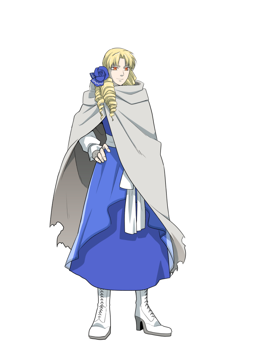 1girl bangs blonde_hair blue_dress cloak dress drill_hair fate_(series) flower grey_cloak hair_flower hair_ornament hazu_(schiro000) high_heels highres lord_el-melloi_ii_case_files luviagelita_edelfelt parted_bangs simple_background solo white_background white_footwear white_sleeves yellow_eyes