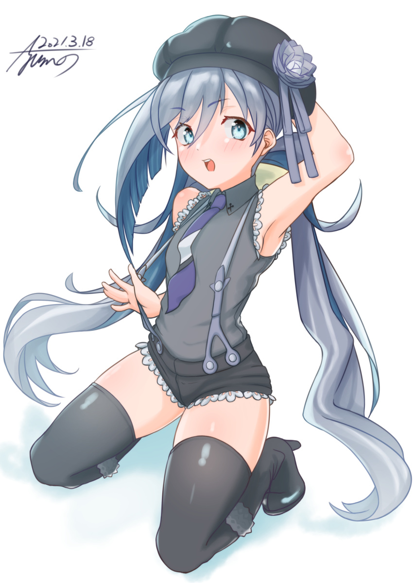 1girl absurdres ahoge alternate_costume aoki_hagane_no_arpeggio ayuman black_headwear black_legwear black_shorts blue_neckwear commentary_request cosplay cutoffs dated full_body grey_hair hair_between_eyes highres kantai_collection kiyoshimo_(kancolle) kneeling looking_at_viewer low_twintails musashi_(aoki_hagane_no_arpeggio) musashi_(aoki_hagane_no_arpeggio)_(cosplay) necktie short_shorts shorts signature solo suspenders tashkent_(kancolle) thigh-highs twintails white_background