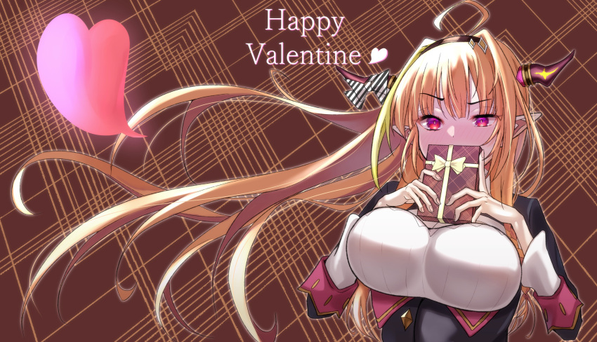 1girl absurdres ahoge bangs black_hairband black_jacket blonde_hair blush bow box box_of_chocolates braid breasts commentary_request covered_mouth diagonal-striped_bow dragon_girl dragon_horns embarrassed eyebrows_visible_through_hair floating_hair gift hairband happy_valentine heart highlights highres holding holding_gift hololive horn_bow horns jacket kiryu_coco large_breasts long_hair looking_at_viewer multicolored multicolored_eyes multicolored_hair orange_hair patterned_background pointy_ears red_eyes shirt side_braid sidelocks single_braid slit_pupils solo sora_shitatoge streaked_hair striped striped_bow upper_body valentine very_long_hair violet_eyes virtual_youtuber white_shirt