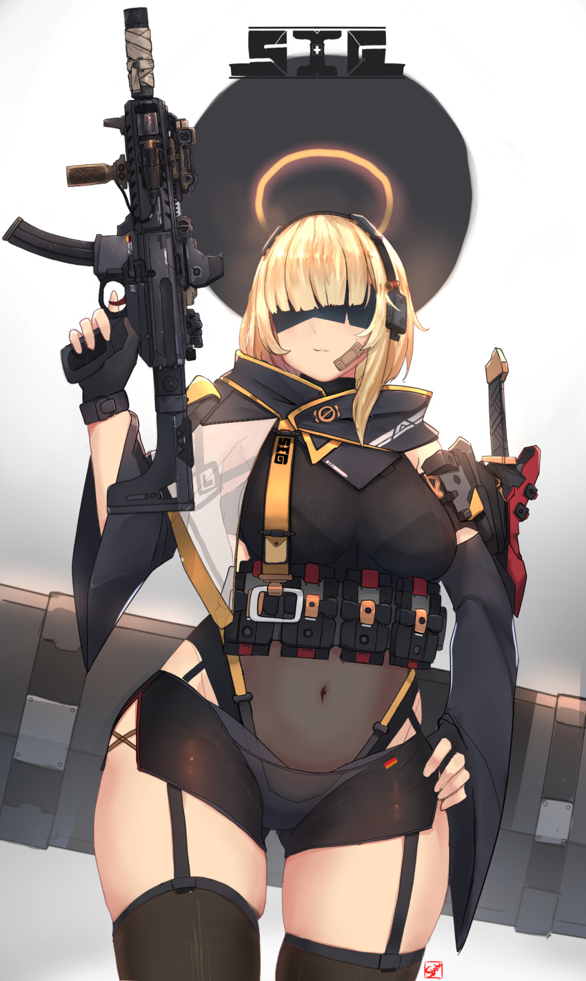 1girl absurdres assault_rifle bandaid bandaid_on_cheek bangs black_sleeves blonde_hair breasts detached_sleeves gun halo hand_on_hip headphones highres holding holding_gun holding_weapon holstered_weapon knife medium_breasts original rifle science_fiction skindentation solo syaha thick_thighs thigh-highs thighs weapon wide_hips wide_sleeves