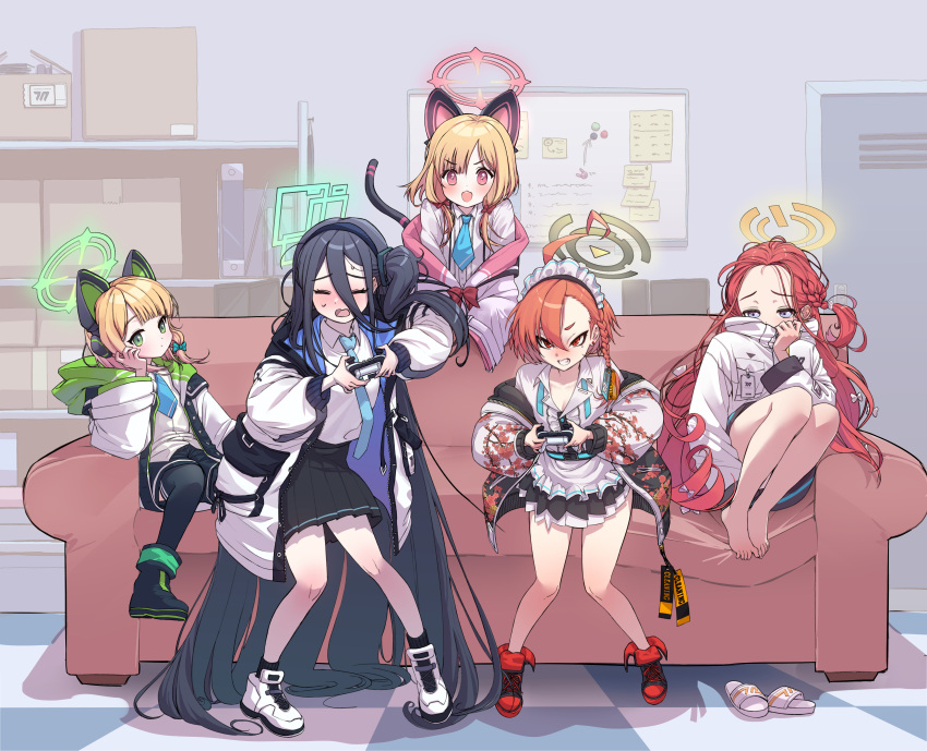 5girls absurdly_long_hair absurdres arisu_(blue_archive) barefoot black_footwear black_hair black_skirt blonde_hair blue_archive blue_necktie blush chjune119 closed_eyes collared_shirt commentary_request controller couch feet game_controller green_eyes grey_eyes halo highres holding holding_controller holding_game_controller indoors jacket knees_together_feet_apart knees_up leaning_forward legs_together long_hair long_sleeves maid_headdress medium_hair midori_(blue_archive) mixed-language_commentary momoi_(blue_archive) multiple_girls necktie neru_(blue_archive) on_couch open_clothes open_jacket orange_hair pigeon-toed playing_games pleated_skirt red_eyes red_footwear redhead shirt shoes short_hair sitting skirt slippers slippers_removed standing sweatdrop tile_floor tiles toes very_long_hair white_footwear white_shirt yuzu_(blue_archive)