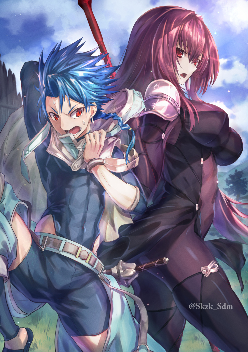 1boy 1girl armor bangs blue_hair bodysuit braid braided_ponytail breasts cu_chulainn_(fate)_(all) fate/grand_order fate_(series) gae_bolg_(fate) hair_between_eyes highres large_breasts long_hair looking_at_viewer open_mouth pauldrons polearm purple_bodysuit purple_hair red_eyes sakazuki_sudama scathach_(fate) scathach_(fate)_(all) setanta_(fate) shoulder_armor spear spiky_hair weapon