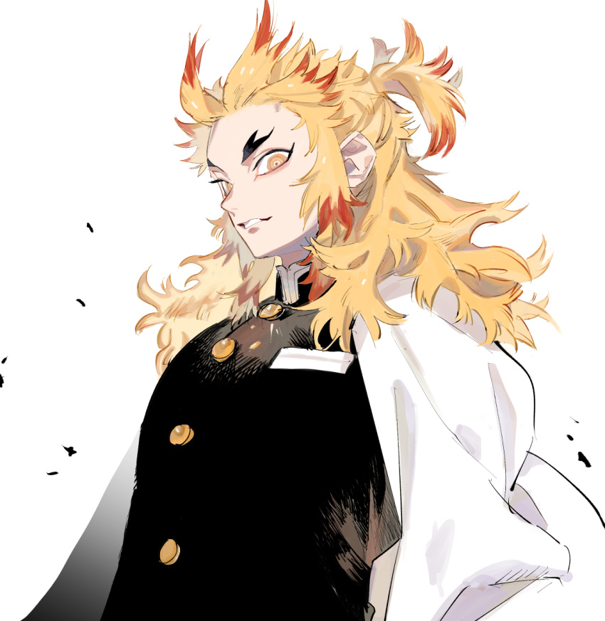 1boy artist_name belt blonde_hair cape eyelashes flame_print flaming_sword flaming_weapon grin haori high_collar highres japanese_clothes kimetsu_no_yaiba kyou_zuki light_particles male_focus multicolored_hair redhead rengoku_kyoujurou sheath sidelocks simple_background smile solo sword thick_eyebrows toned toned_male tsurime two-tone_hair uniform unsheathing weapon white_background white_belt white_cape