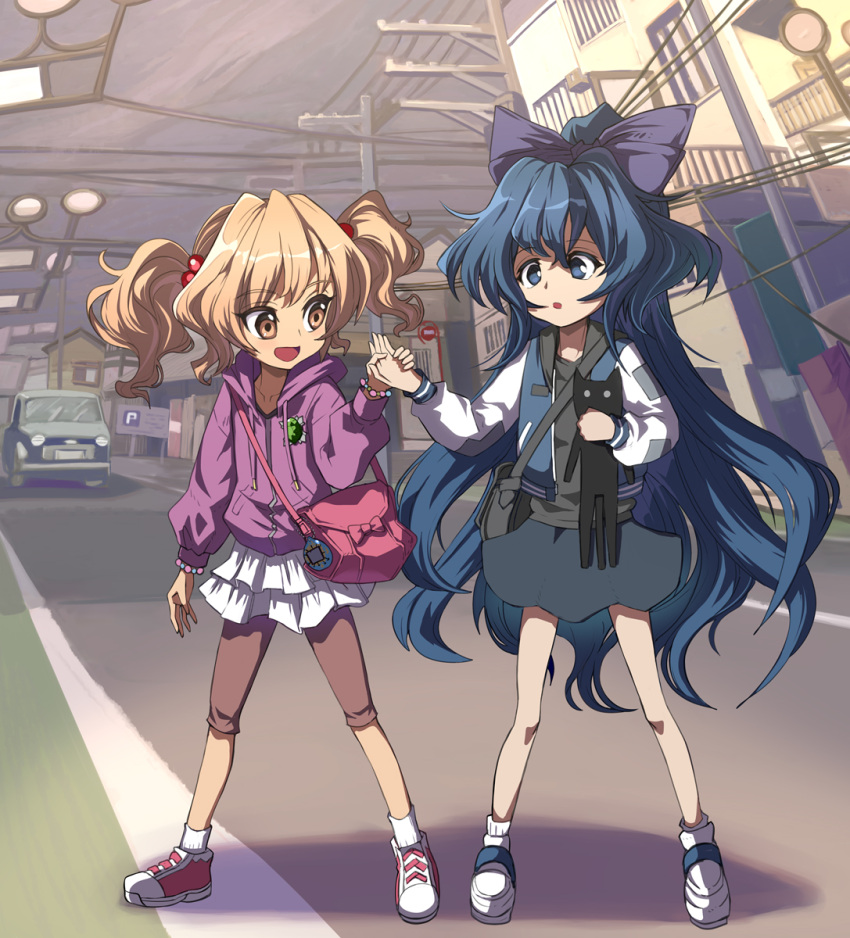 2girls :o bag black_shirt blue_eyes blue_hair bow bracelet brown_eyes building car child commentary_request drawstring eyebrows_visible_through_hair ground_vehicle hair_bobbles hair_bow hair_ornament highres holding_hands hood hoodie jacket jewelry letterman_jacket long_hair motor_vehicle multiple_girls open_mouth orange_hair outdoors power_lines purple_hoodie road shirt shoes shope shoulder_bag siblings sisters skirt sneakers socks street stuffed_animal stuffed_cat stuffed_toy touhou twintails utility_pole very_long_hair white_legwear yorigami_jo'on yorigami_shion younger