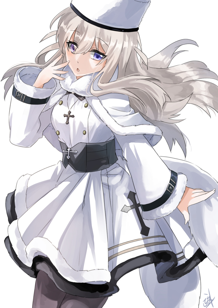1girl absurdres azur_lane belt black_belt black_legwear blonde_hair blue_eyes coat cross cross_necklace dress eyebrows_visible_through_hair hand_up heterochromia highres jewelry long_hair looking_at_viewer masato_(mstlp) murmansk_(azur_lane) necklace northern_parliament_(emblem) open_mouth pantyhose papakha solo standing violet_eyes white_background white_coat white_dress white_headwear winter_clothes winter_coat