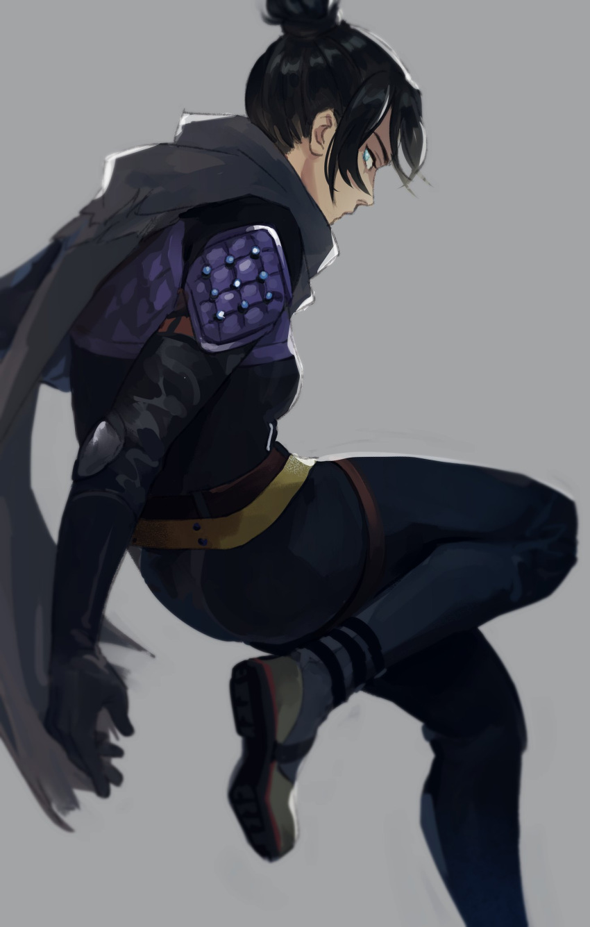 1girl 2gou apex_legends bangs black_bodysuit black_hair blue_eyes bodysuit boots floating floating_hair from_side grey_background grey_scarf hair_behind_ear highres looking_at_viewer open_hand scarf solo wraith_(apex_legends)