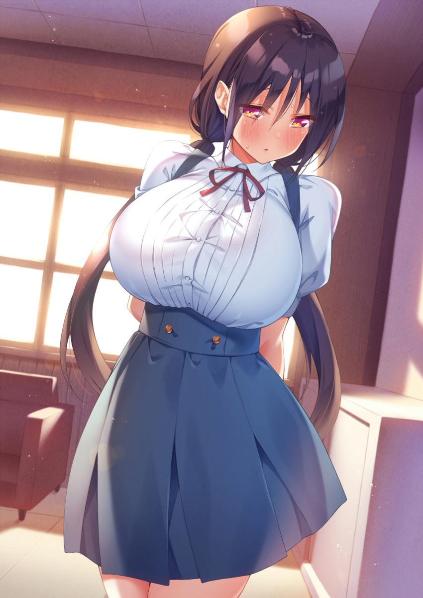 1girl arms_behind_back bangs black_hair blue_skirt blush bow bowtie breasts bursting_breasts ceiling collared_shirt commentary couch duplicate evening highres huge_breasts ichi_makoto indoors long_hair looking_at_viewer low_twintails original overall_skirt parted_lips red_neckwear shirt short_sleeves skirt solo standing twintails white_shirt window yellow_eyes