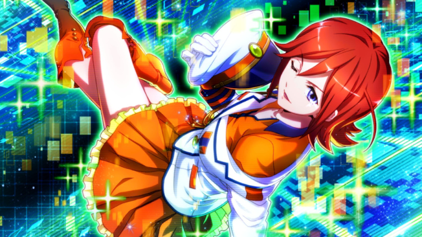 1girl blue_eyes boots breasts crossed_legs game_cg gloves hat hat_removed headwear_removed kaname_buccaneer knee_boots macross macross_delta official_art one_eye_closed orange_skirt partially_undressed redhead short_hair skirt solo uniform uta_macross_sumaho_deculture white_gloves