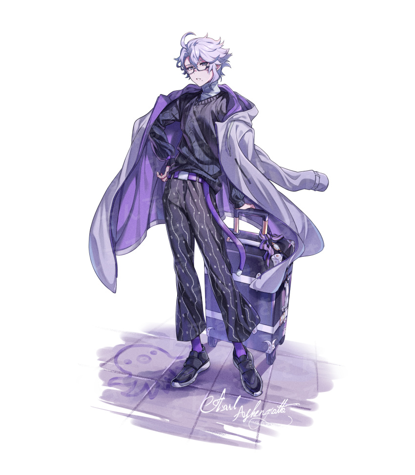 1boy absurdres ahoge alternate_costume azul_ashengrotto belt black_footwear cable_knit casual character_name coat coat_on_shoulders commentary_request cursive drawstring full_body glasses grey_eyes hand_on_hip highres huge_filesize layered_clothing light_purple_hair long_belt long_sleeves looking_at_viewer male_focus mole mole_under_mouth octopus pants patterned_clothing purple_belt purple_coat purple_legwear purple_pants purple_sweater rolling_suitcase sample semi-rimless_eyewear shoes short_hair signature simple_background sneakers socks solo standing suitcase sweater turtleneck tuze111 twisted_wonderland under-rim_eyewear wand watermark wavy_hair white_background