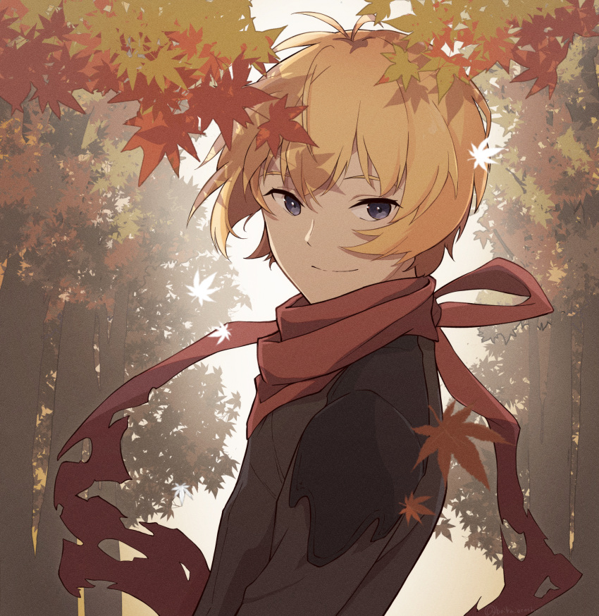 1boy ahoge autumn autumn_leaves billy_the_kid_(fate) black_eyes blonde_hair brown_shirt eyebrows fate/grand_order fate_(series) highres leaves_in_wind long_sleeves looking_at_viewer male_focus nature outdoors red_scarf scarf shirt short_hair smile solo sunlight tattered_scarf thunderstriker tree upper_body
