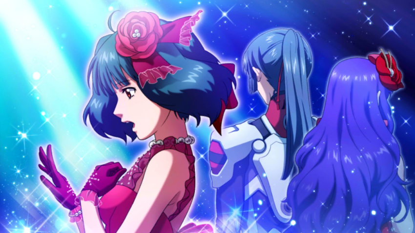 1boy 2girls ahoge blue_hair dress flower from_behind game_cg gloves green_hair hair_flower hair_ornament long_hair macross macross_frontier multiple_girls music official_art pilot_suit ponytail purple_hair ranka_lee red_dress red_eyes red_gloves saotome_alto sheryl_nome short_hair singing sleeveless sleeveless_dress uta_macross_sumaho_deculture wavy_hair