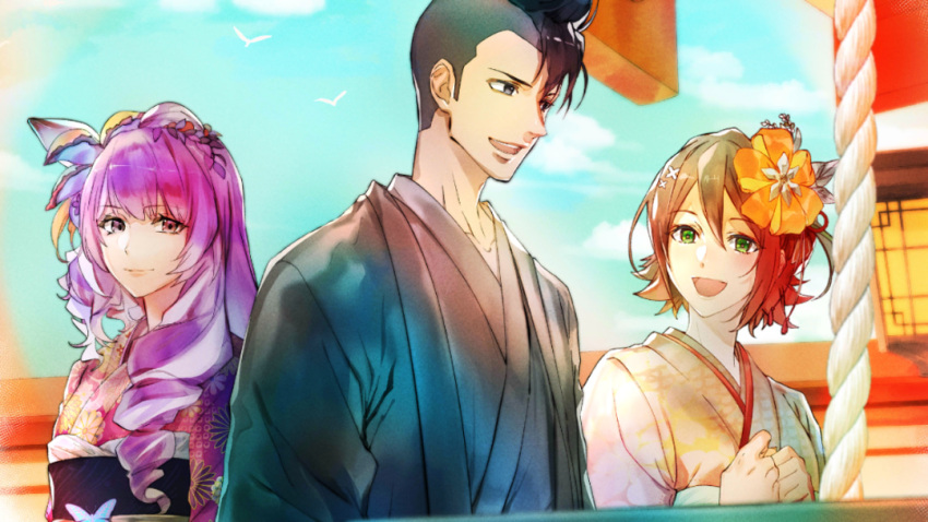 1boy 2girls black_hair flower game_cg green_eyes grey_eyes hair_flower hair_ornament haori japanese_clothes kaname_buccaneer kimono long_hair macross macross_delta messer_ihlefeld mikumo_guynemer mohawk multicolored_hair multiple_girls official_art open_mouth purple_hair redhead short_hair shrine smile two-tone_hair uta_macross_sumaho_deculture violet_eyes